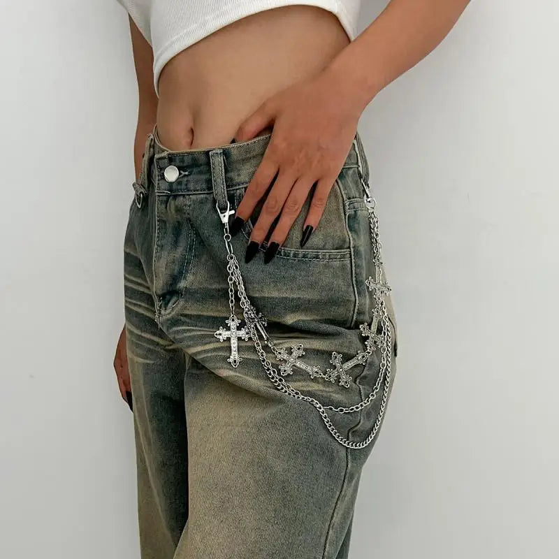 Punk Jeans Pants Chain Decor Multi Layer Chain Cross Charm Waist Wallet Chain Harajuku Belt For Hip Hop Dancers