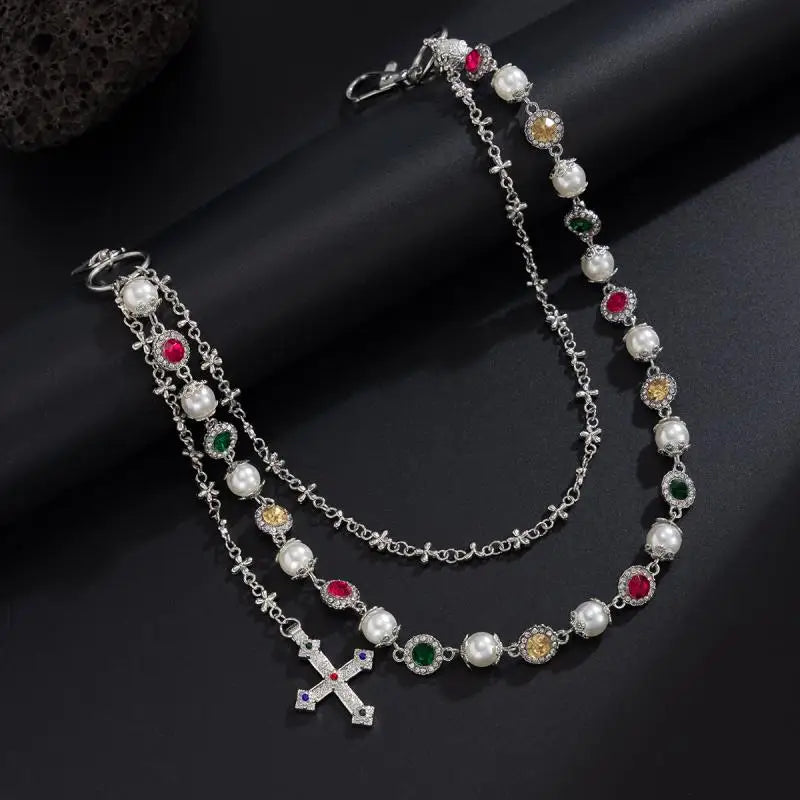 Punk Jeans Pants Chain Decor Multi Layer Chain Cross Charm Waist Wallet Chain Harajuku Belt For Hip Hop Dancers