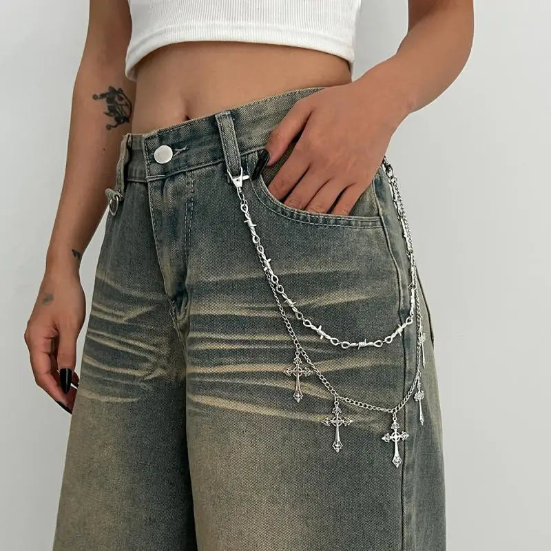 Punk Jeans Pants Chain Decor Multi Layer Chain Cross Charm Waist Wallet Chain Harajuku Belt For Hip Hop Dancers