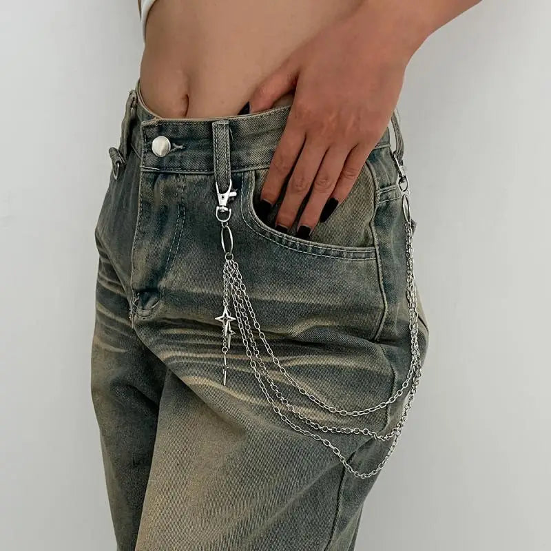 Punk Jeans Pants Chain Decor Multi Layer Chain Cross Charm Waist Wallet Chain Harajuku Belt For Hip Hop Dancers