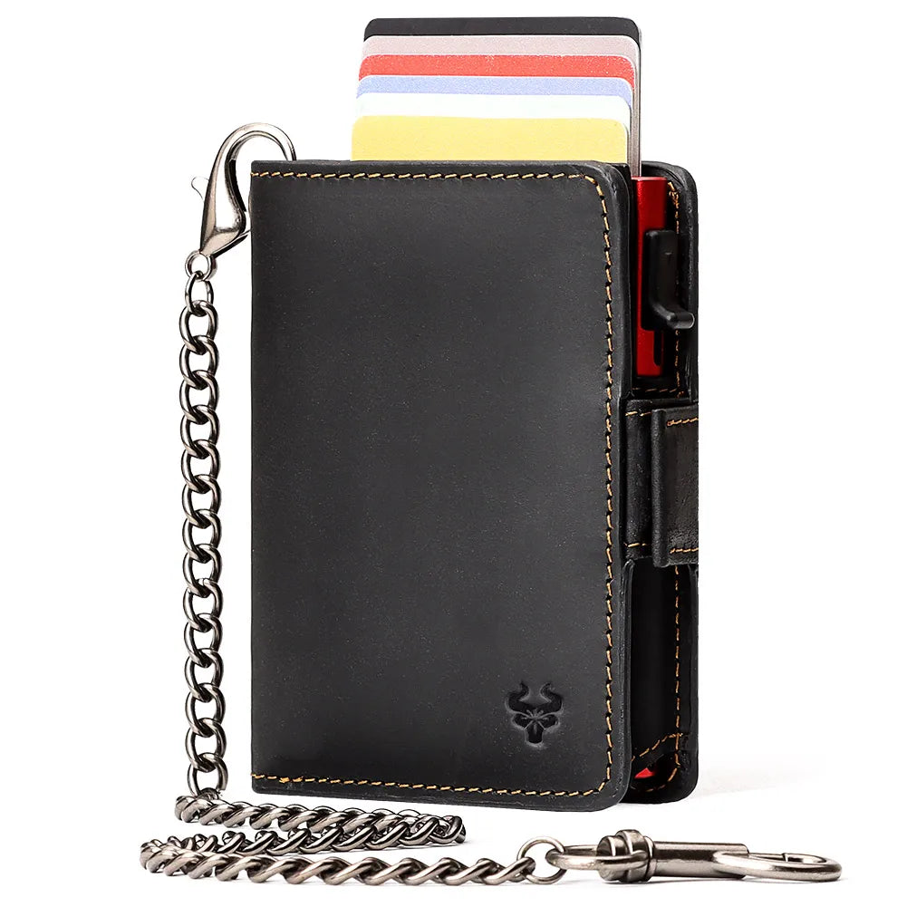 RFID Protection Credit Card Holder for Men Crazy Horse Leather Wallet with Iron Chain Small Zipper Coin Pocket Mini Biker Purse