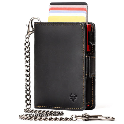 RFID Protection Credit Card Holder for Men Crazy Horse Leather Wallet with Iron Chain Small Zipper Coin Pocket Mini Biker Purse
