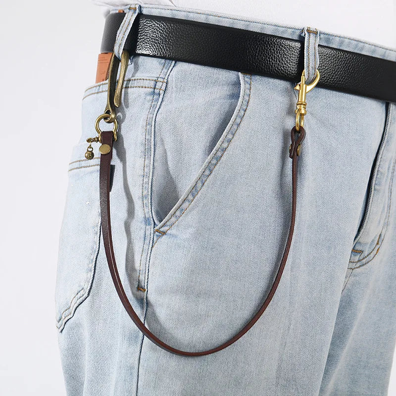 Handmade Long Biker Motorcycle Trucker Brown Black Cowhide Plain Genuine Leather Keyring Jean Wallet Chain With Hook Clasp