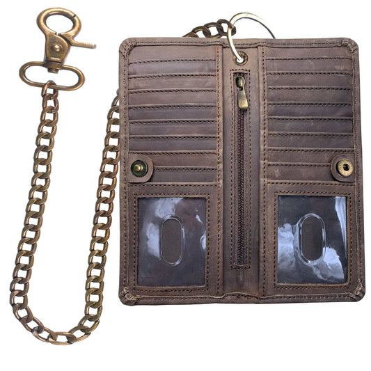 IBRO Long Bifold Chain Wallet – RFID Blocking Biker Wallet for Men – Premium Leather Motorcycle Chain Wallet Crazy Horse Brown Vintage Chain