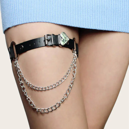 Elastic Leather Irregular Garter Belt with Heart Chain