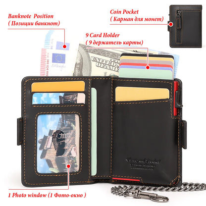 RFID Protection Credit Card Holder for Men Crazy Horse Leather Wallet with Iron Chain Small Zipper Coin Pocket Mini Biker Purse