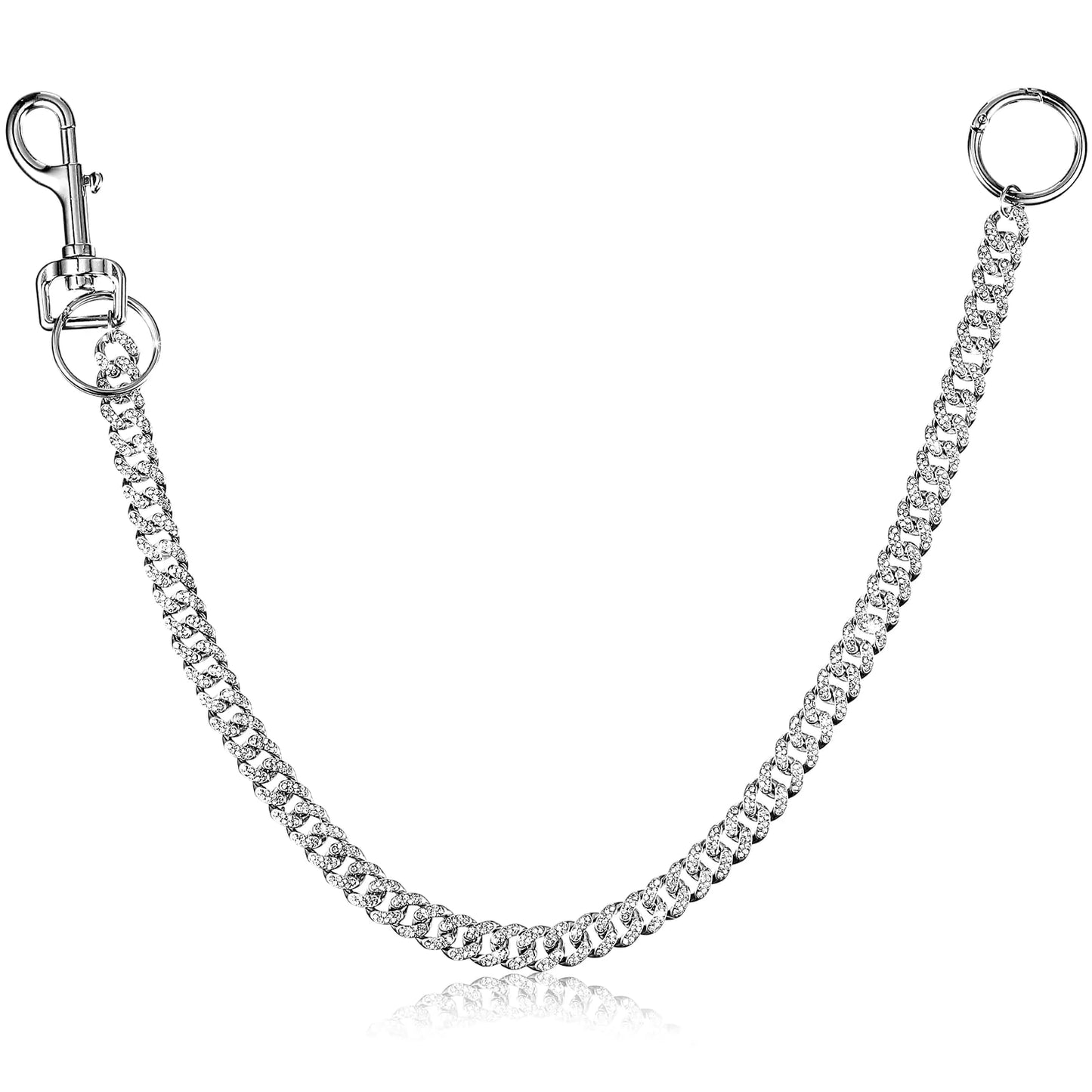 Batiyeer Rhinestone Wallet Chain Bling Metal Pocket Chain for Men Women Motorcycle Pants Jeans Punk Chain Silver Multilayer Chain Belt with Keyring (One Layer)