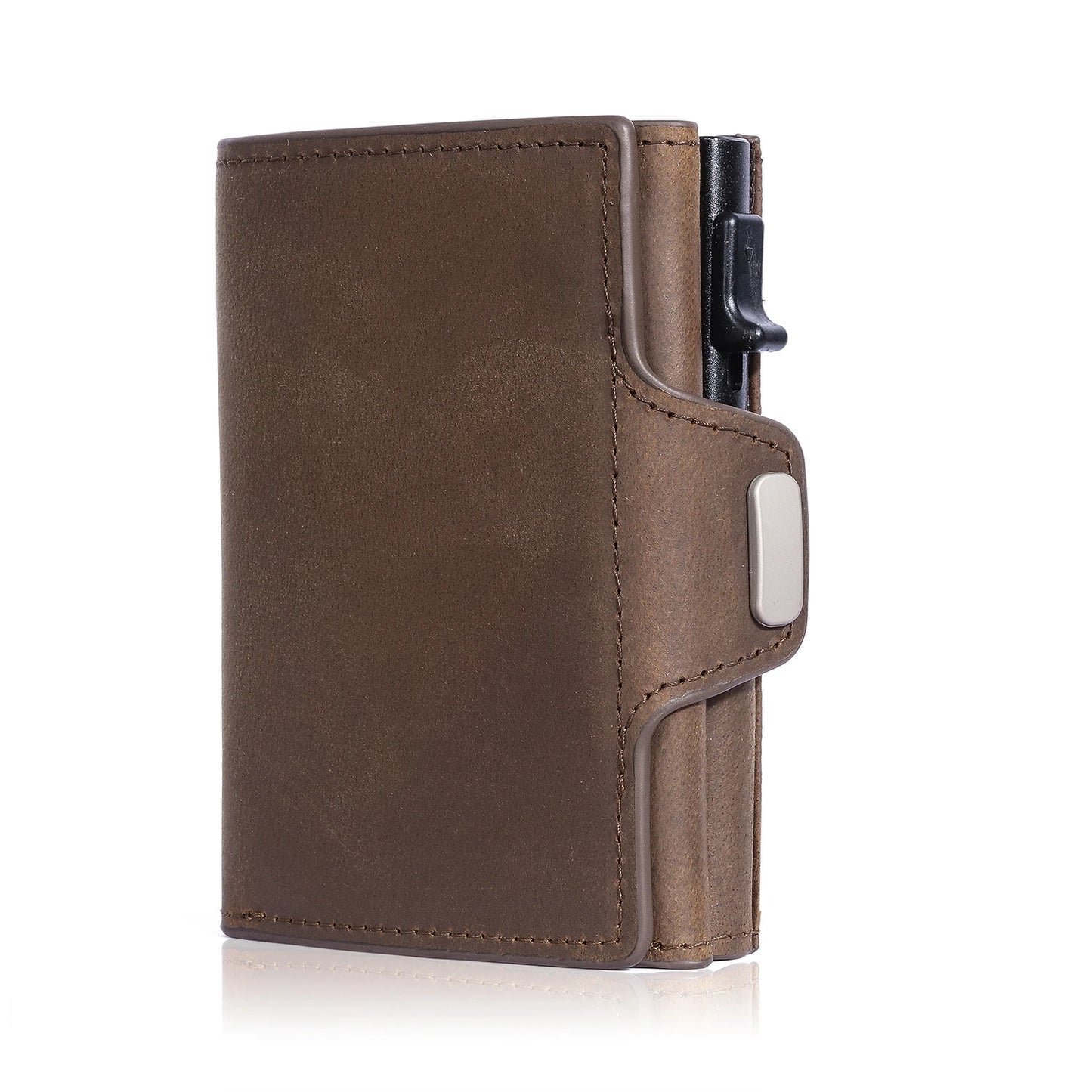 RFID Protection Credit Card Holder for Men Crazy Horse Leather Wallet with Iron Chain Small Zipper Coin Pocket Mini Biker Purse