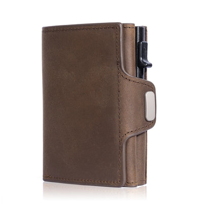RFID Protection Credit Card Holder for Men Crazy Horse Leather Wallet with Iron Chain Small Zipper Coin Pocket Mini Biker Purse