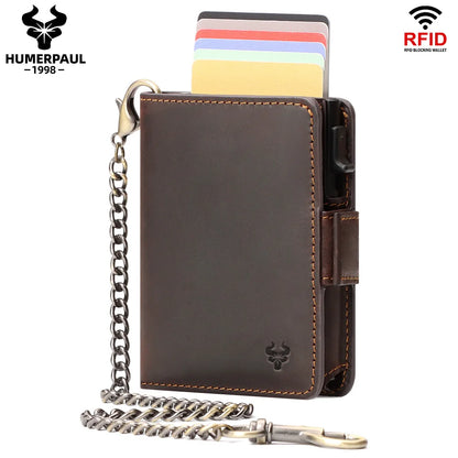 RFID Protection Credit Card Holder for Men Crazy Horse Leather Wallet with Iron Chain Small Zipper Coin Pocket Mini Biker Purse