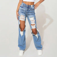 Trendy Loose Fit Distressed Denim Jeans for Women - Edgy Ripped Design, Retro Summer Fashion