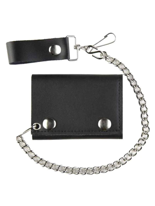 Elevate Your Style with the Motorcycle Men's Tri-Fold Biker Chain Wallet - Premium Black Genuine Leather