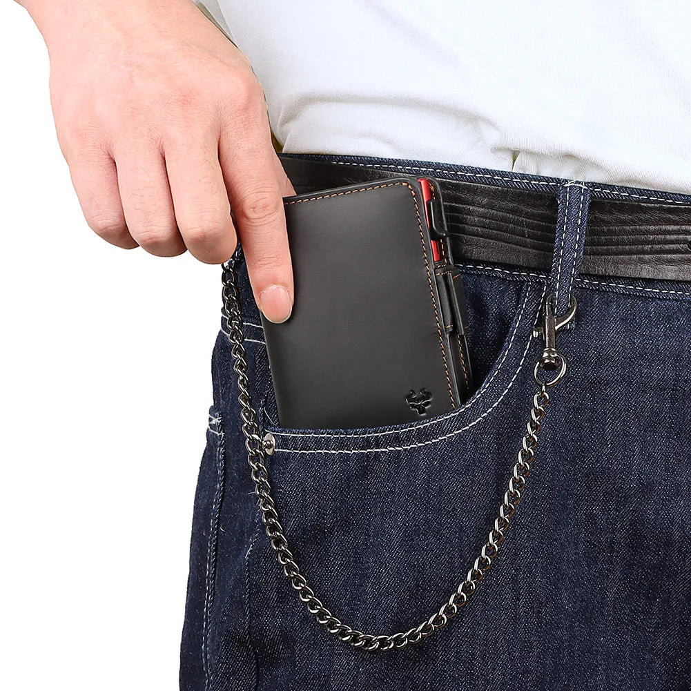 RFID Protection Credit Card Holder for Men Crazy Horse Leather Wallet with Iron Chain Small Zipper Coin Pocket Mini Biker Purse