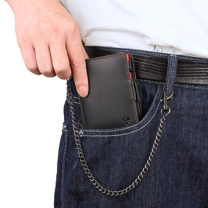 RFID Protection Credit Card Holder for Men Crazy Horse Leather Wallet with Iron Chain Small Zipper Coin Pocket Mini Biker Purse