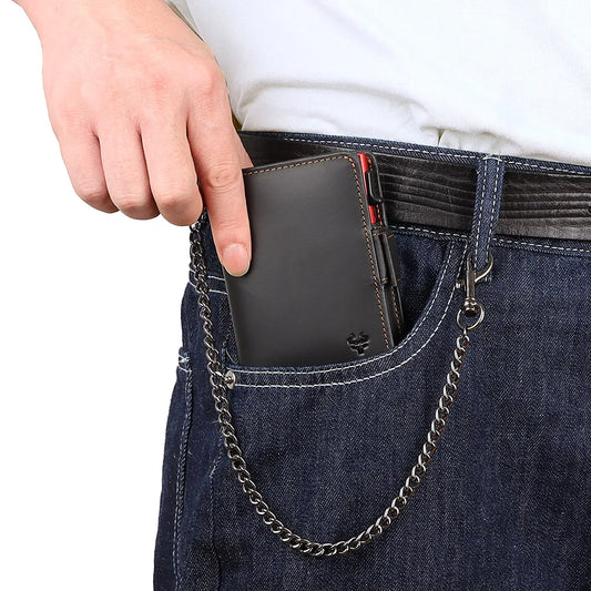 RFID Protection Credit Card Holder for Men Crazy Horse Leather Wallet with Iron Chain Small Zipper Coin Pocket Mini Biker Purse
