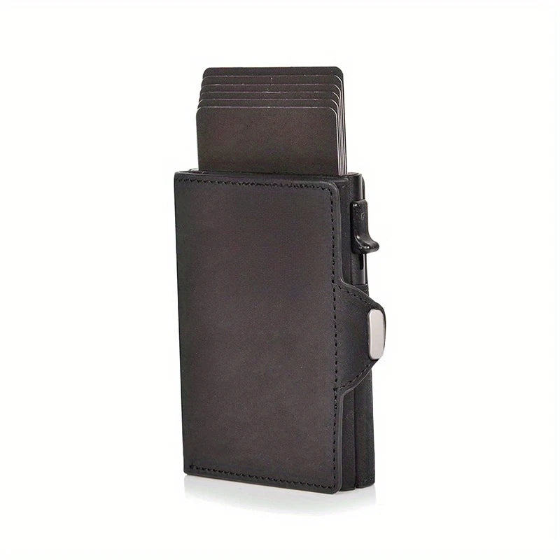 RFID Protection Credit Card Holder for Men Crazy Horse Leather Wallet with Iron Chain Small Zipper Coin Pocket Mini Biker Purse