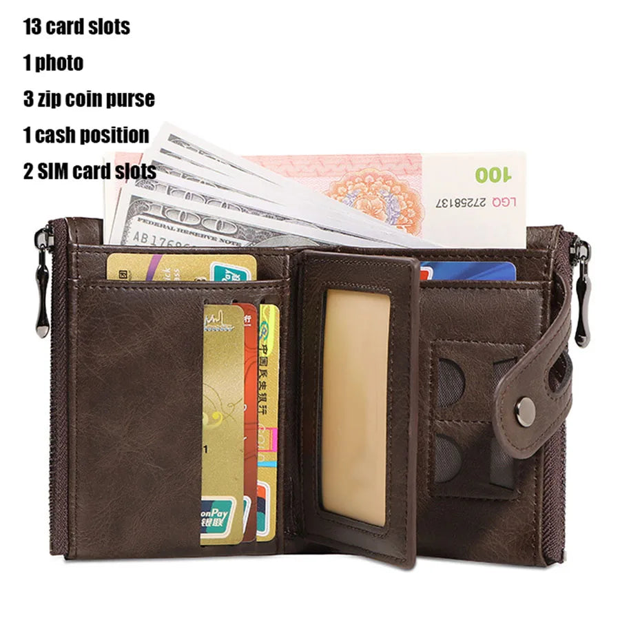 Classic retro Men's Chain Wallet RFID Anti-Theft Men's Leather Wallet Double Zipper Coin Purse Credit Card Holder for Men