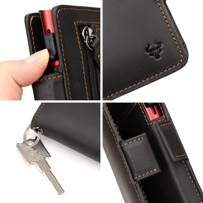 RFID Protection Credit Card Holder for Men Crazy Horse Leather Wallet with Iron Chain Small Zipper Coin Pocket Mini Biker Purse