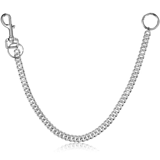 Batiyeer Rhinestone Wallet Chain Bling Metal Pocket Chain for Men Women Motorcycle Pants Jeans Punk Chain Silver Multilayer Chain Belt with Keyring (One Layer)